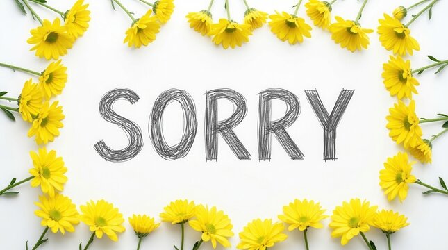White background with yellow flowers and a handwritten message expressing sorry