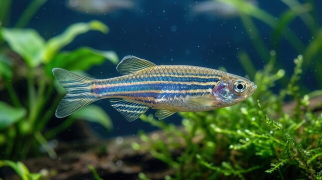 Close up shot of a zebrafish swimming inside a clear aquarium
