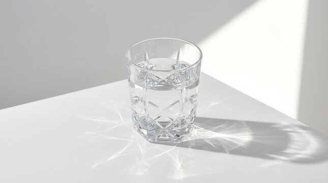 Under the sun, crystal glass and water create a dramatic play of light and shadow on a white surface