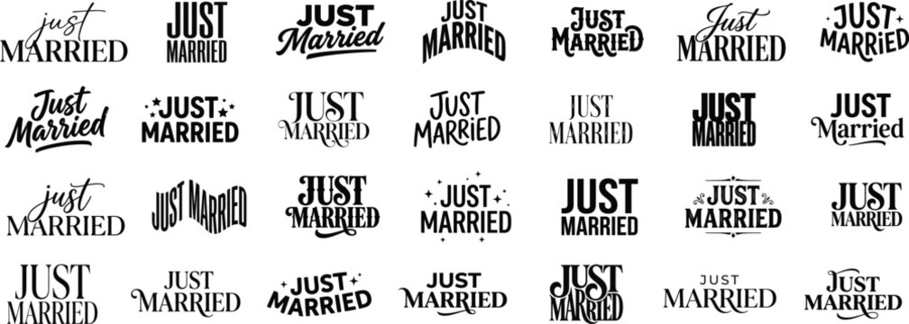A collection of various artistic just married typography designs featuring diverse calligraphy styles and decorative elements for wedding invitations and celebratory event decor projects