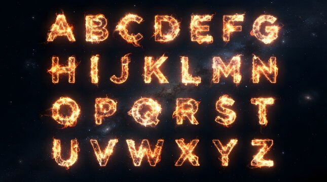 A complete fiery alphabet from a to z features a glowing molten texture set against a dark dramatic cosmic background ideal for various design projects