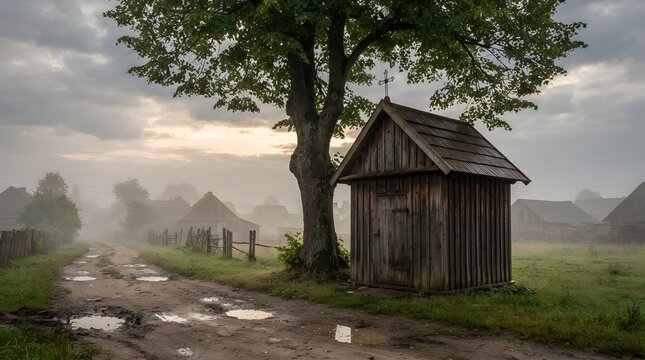 Old Wooden Wayside Chapel in a Misty Polish Village