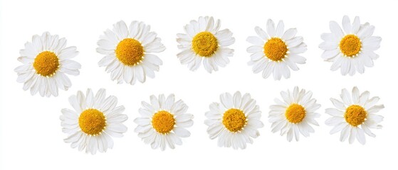 Fototapeta premium Collection of dried white chamomile flowers with yellow centers, herbarium style, isolated on pure white background