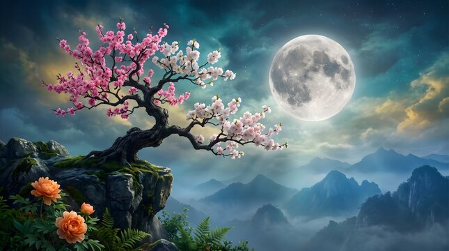 Blooming cherry blossom tree on mountain cliff under full moon at night