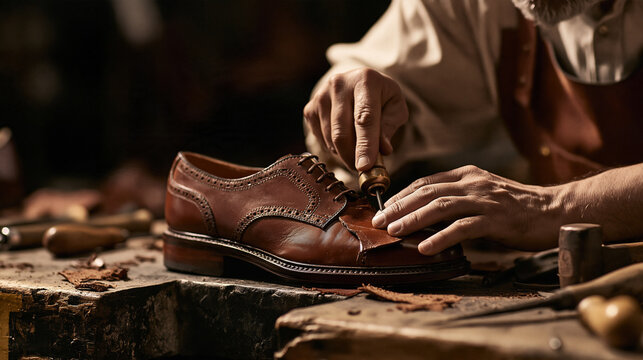 Professional shoemaker or leather artisan wearing an apron meticulously crafting a classic brown leather shoe with an awl in a traditional workshop