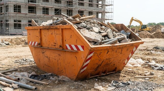 Building project site featuring a large container holding construction refuse