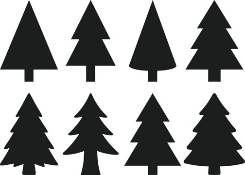 Collection of various minimalist black pine tree silhouettes for winter holiday design.