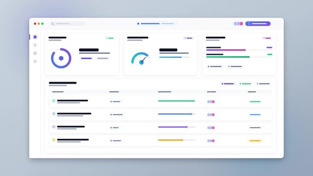 Modern business analytics dashboard interface showing data visualization with abstract charts and progress bars for management software and financial reporting.