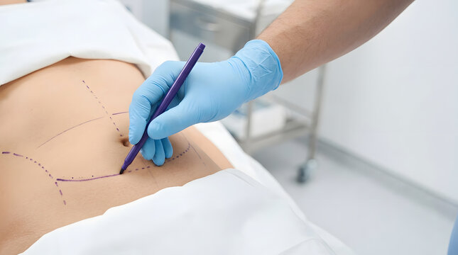 Plastic surgeon drawing preoperative markings on patient's abdomen with a purple marker. Body contouring