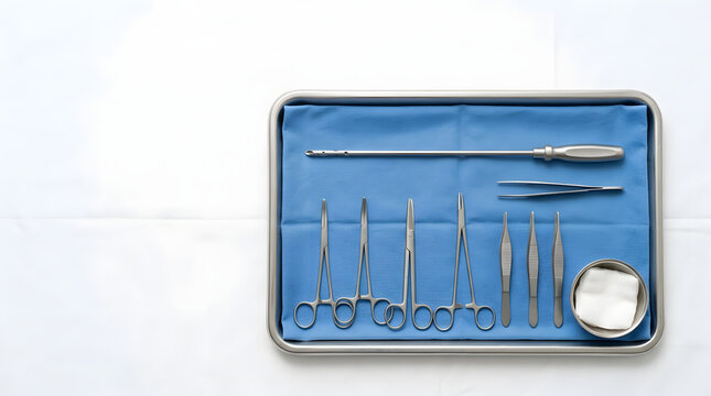 Surgical instruments and medical tools on a blue sterile sheet inside a metal tray. Healthcare equipment