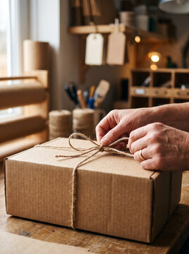 Tying jute twine string around cardboard delivery gift box parcel