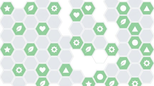 Mint green hexagon icons with leaves hearts gears stars