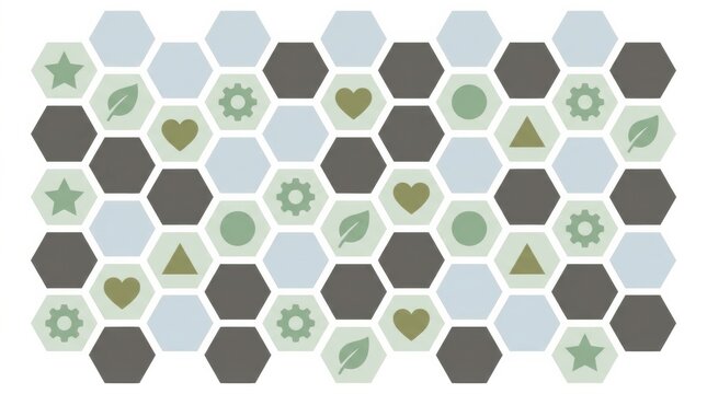 Mixed gray mint hexagon mosaic with icons and solid tiles