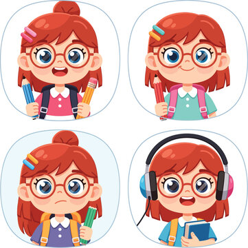Cute cartoon schoolgirl avatars show diverse emotions and study activities