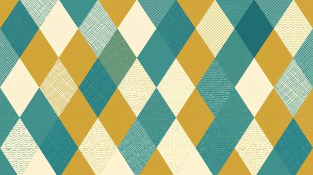 Teal mustard cream textured diamond argyle retro pattern