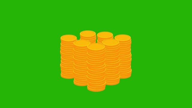 Dollar coins falling down from top screen. Money increasing and saving vector animation on green screen, 4k resolution on chroma key	