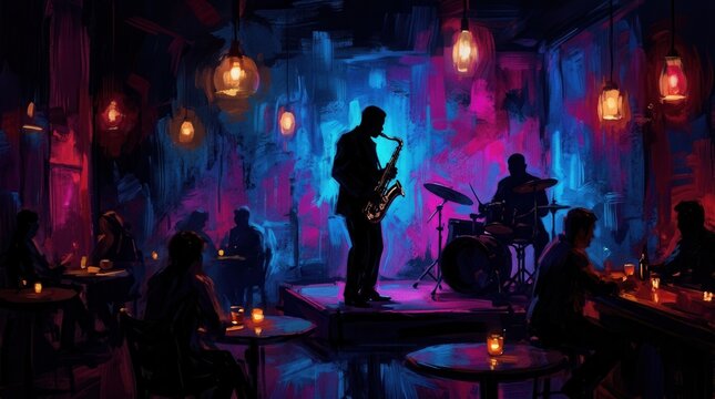 A saxophone weaves through the neondrenched room of a dimly lit jazz club where shadowy figures engage in whispered conversations.