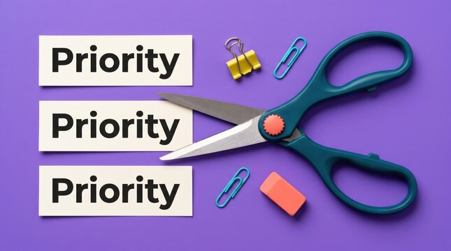 Scissors cutting paper with priority text among office supplies on a purple background