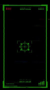 Vertical Green Night Vision HUD with Glitch, CCTV Night style system on black background. 4K Video