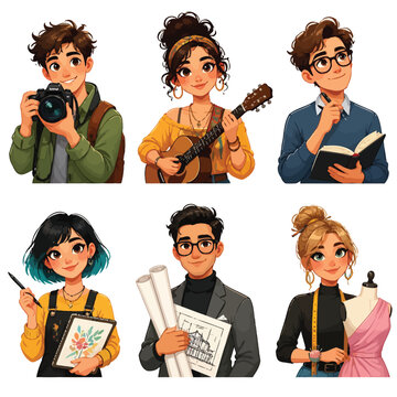 Diverse cartoon young people pursuing creative careers and hobbies on white background
