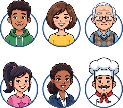Diverse collection of colorful cartoon avatar portraits for social media
