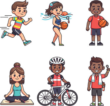 Diverse children characters doing sports and outdoor activities set