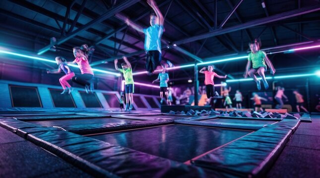 Children flipping and jumping in an indoor trampoline park, captured with unfocused vision