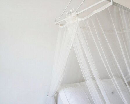 White sheer canopy netting draped over a vintage wrought iron bed frame in a minimalist bright bedroom interior