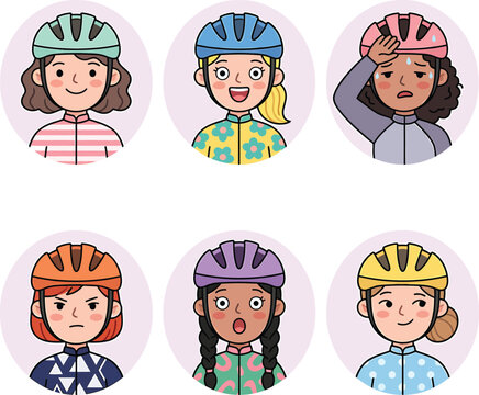 Diverse female cyclists wearing safety helmets in a cartoon avatar set