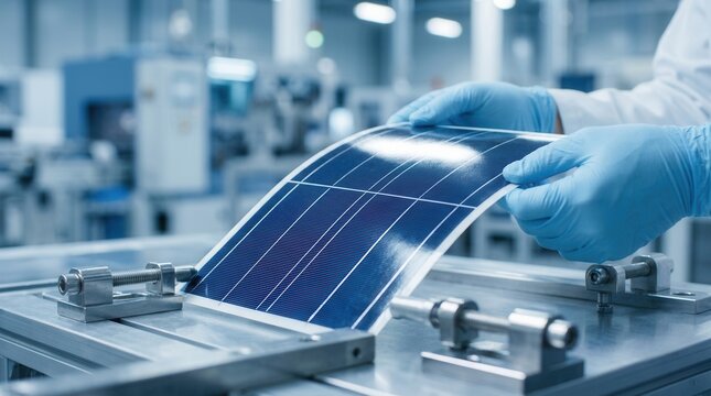 Gloved hands perform quality control on a thin film flexible solar panel within a modern manufacturing plant, showcasing renewable energy innovation