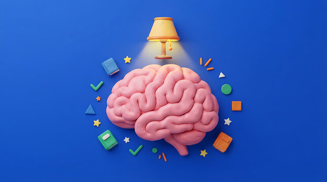 Creative brain illustration with colorful lights and thought bubbles in a vibrant blue space