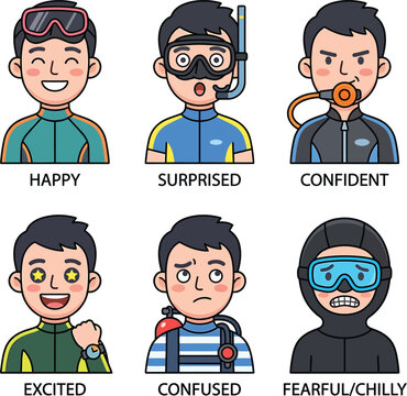 Diverse emotions of scuba divers set with various diving gear equipment