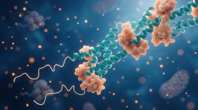 Ribbon-like protein featuring a loose, flexible N-terminal tail as it moves through a glowing cell interior, avoiding degradation machinery.