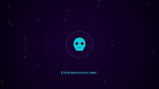 Digital security system breach alert with an abstract face icon and binary code falling on a dark purple background