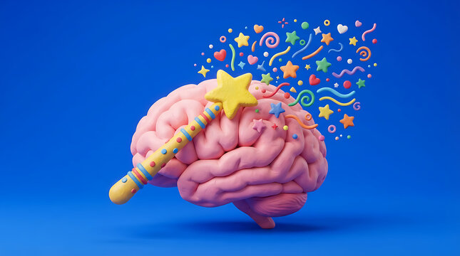 Creative brain illustration with colorful abstract particles floating above