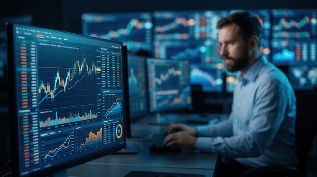 Blurred trader in the background of a medium shot featuring an algorithmic trading system executing taxloss trades on a detailed computer screen.