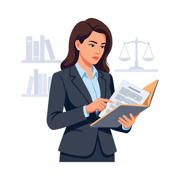 Professional woman in suit reading legal documents, scales of justice and bookshelf in background, vector illustration