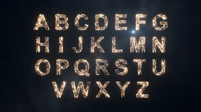 A dramatic and highly stylized full alphabet presented with a striking metallic texture and brilliant glowing effects against a dark moody and atmospheric background