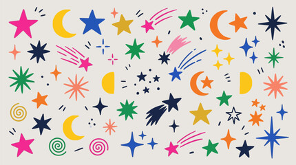 Fototapeta premium Variety of hand drawn celestial shapes including stars and crescent moons and shooting stars in doodle style vector format isolated on a light cream background for creative design projects