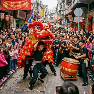 Performers execute a vibrant traditional lion dance with drums and cymbals amidst a cheerful crowd in a narrow street during Chinese New Year festivities