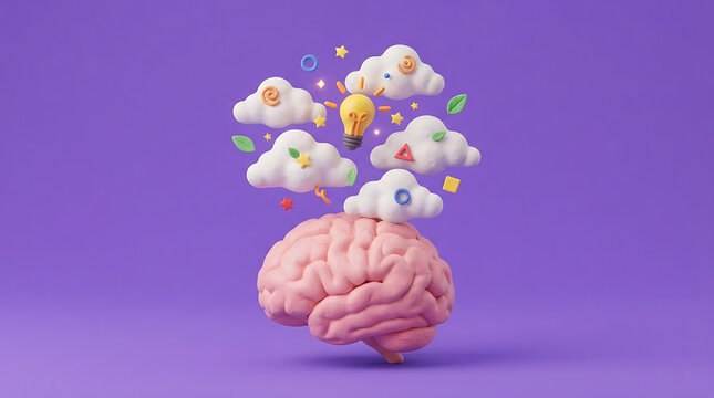 Creative brain with floating colorful clouds illustration in vibrant purple background