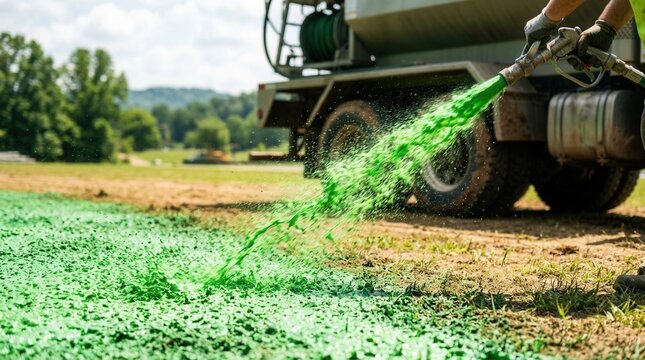 Hydroseeding equipment spreading liquid seed mixture across a vibrant green lawn in a medium shot.