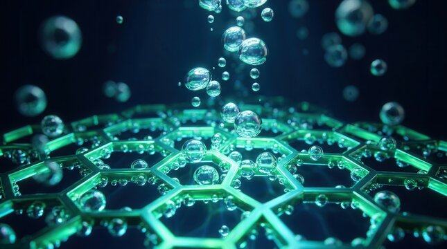 Green hydrogen production from renewable sources featuring bubbles forming in the electrolytic cell of a highperformance electrolysis unit beside the smelter.