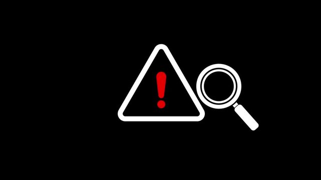 Exclamation mark and magnifying glass animated for danger, alert, stop, signal, emergency, hazard, problem issue sign symbol on black background. Warning sign with magnifying glass. 4k video