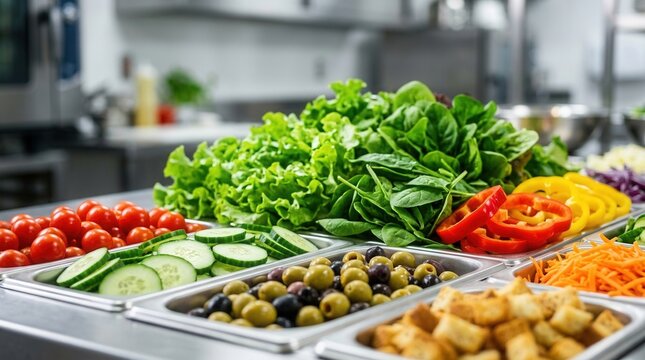 Freshness highlighted by a softly out-of-focus background in a closeup of a buffet salad bar with vibrant greens and toppings in the foreground.