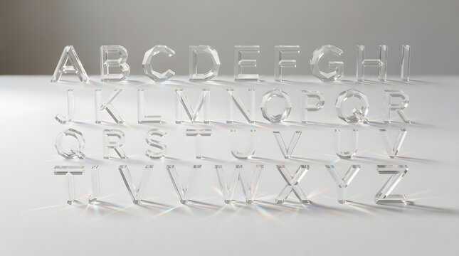 Alphabetical arrangement of clear acrylic letters spelling out the word abcdefghijklmn on a white surface