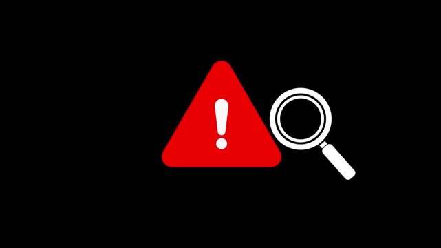 Exclamation mark and magnifying glass animated for danger, alert, stop, signal, emergency, hazard, problem issue sign symbol on black background. Warning sign with magnifying glass. 4k video