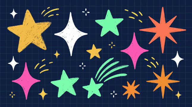 Set of colorful hand drawn stars with various shapes and glowing effects isolated on dark blue grid background for festive graphic design projects and creative celebration themed digital illustrations