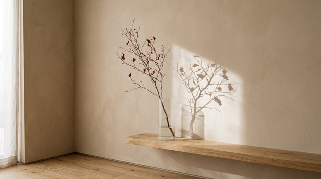 Dried branches in a clear glass vase on a wooden shelf against a beige textured wall