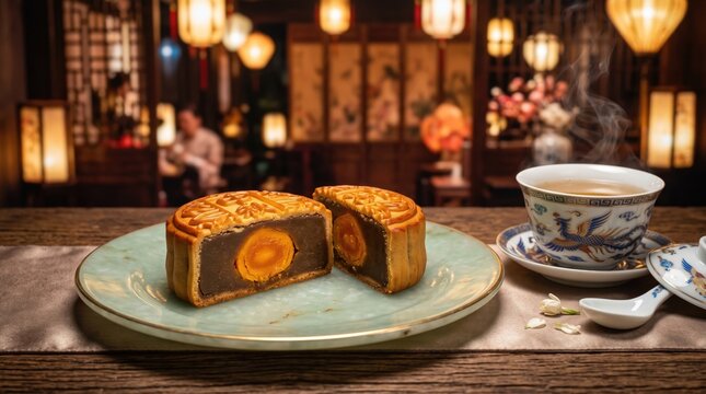 Traditional mooncake served on ceramic plate with hot tea mid autumn still life